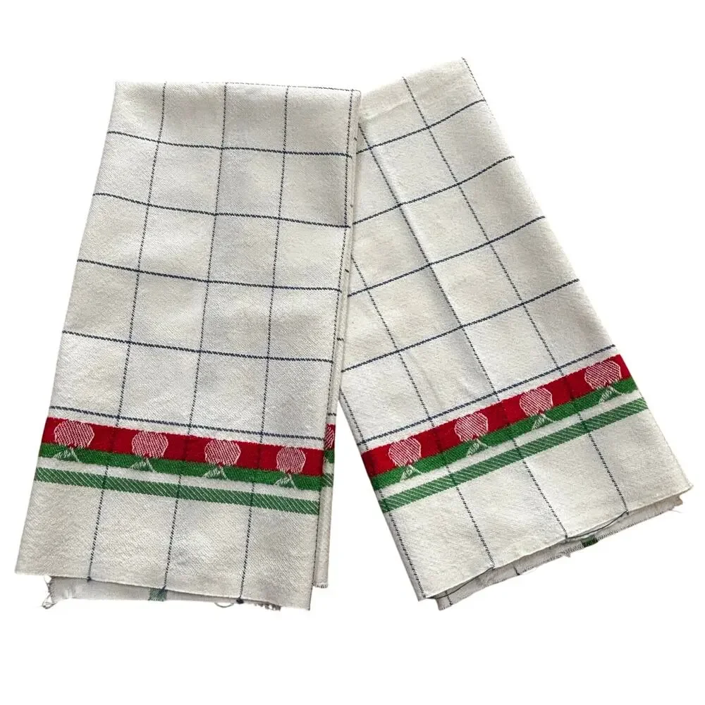 FIVE kitchen tea towels woven cotton cloth white blue red apple motif unfinished